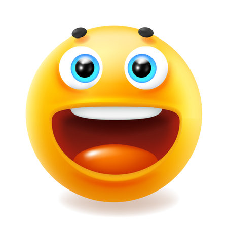 3d style design of funny laugh emoji for social media. Vector illustration of happy fun yellow color smile emoticon with open mouth and tongue on white backgroundのイラスト素材