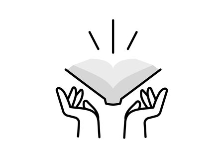 Vector illustration of hand and open book on white color background. Flat line art style design of hand and book for web, banner, poster, printのイラスト素材