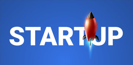 Vector business illustration of red flying spaceship on blue color background with flame and word startup. 3d style design of business startup rocket for web, site, banner, poster, printのイラスト素材