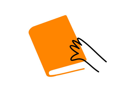 Vector illustration of hand and yellow book shape on white color background. Flat line art style design of hand with book for web, banner, poster, printのイラスト素材
