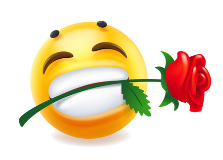Vector illustration of happy fun yellow color smile emoticon with wide smile with teeth and flower rose. 3d style design of romantic laugh emoji for social media on white backgroundのイラスト素材