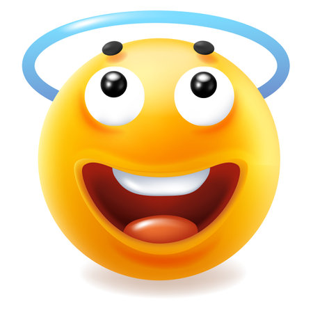 3d vector style design of funny wide smile emoji with nimbus for social media. Vector cool illustration of happy fun yellow color emoticon with red tongue and tooth on white backgroundのイラスト素材