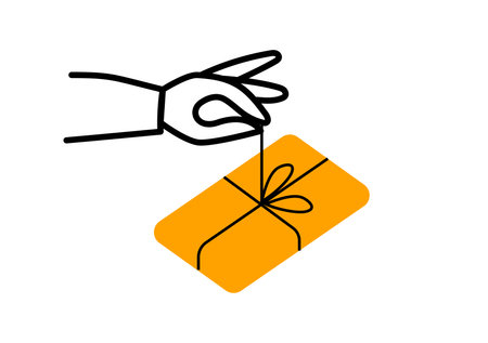 Vector illustration of hand and gift yellow square shape on white color background. Flat line art style design of hand and gift box with bow for web, banner, poster, printのイラスト素材