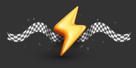 Vector illustration of golden lightning with black and white street race checkered ribbon on black background. 3d style game design with golden zigzag thunderbolt and ribbon for web, site, banner, posterのイラスト素材