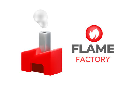 Vector business illustration of red abstract factory with chimney and smoke on color background. 3d style design of flame factory logotype for web, site, banner, posterのイラスト素材