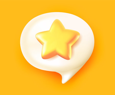 Vector illustration of speech bubble with golden star on yellow background. 3d style design of speech bubble with star for web, site, banner, posterのイラスト素材