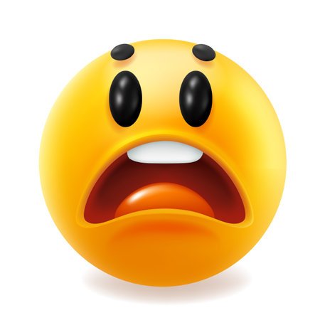 Vector illustration of yellow color fun afraid emoticon on white background. 3d vector style design of funny sad emoji with big open eyes for social media, poster, stickerのイラスト素材