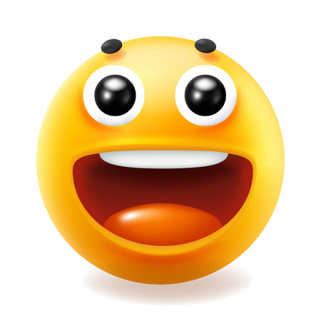 Vector illustration of happy fun smile emoticon with open mouth and red tongue. 3d style design of funny laugh yellow color emoji for social media on white backgroundのイラスト素材