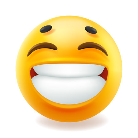 Vector illustration of happy fun yellow color smile emoticon with wide smile with teeth and close eyes. 3d style design of funny laugh emoji for social media, sticker, poster on white backgroundのイラスト素材
