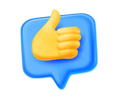 Vector business illustration of blue color speech bubble with hand gesture thumb up on white background. 3d style design of speech bubble with hand for web, site, banner, posterのイラスト素材