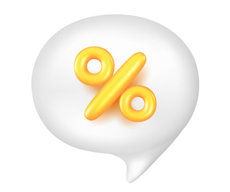 Vector sale illustration of white color speech bubble with golden percent sign on white background. 3d style design of speech bubble with percent for web, site, sale banner, posterのイラスト素材