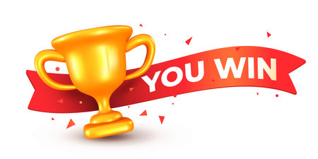 Vector illustration of golden winner cup with shadow and red ribbon with text you win on white background. 3d style design of best winner gold award for web, site, banner, posterのイラスト素材