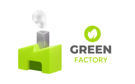 Vector business illustration of green abstract factory with chimney and smoke on white color background.のイラスト素材