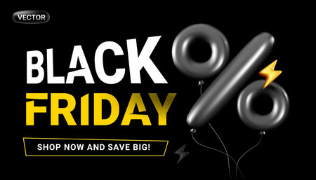 Vector black friday sale illustration with text and air balloon percent sign on color background. 3d style sale design with word black friday for web, site, banner, posterのイラスト素材