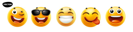 3d vector style design of funny set of emoji with tongue, sunglasses, wink, laugh and smile for social media. Vector cool collection of illustration of happy fun yellow color emoticon with different emotion on white backgroundのイラスト素材