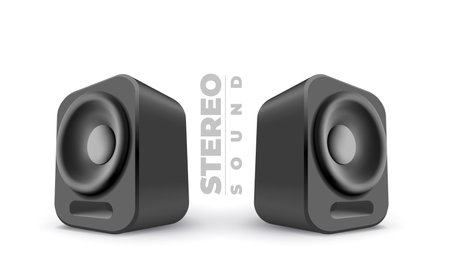 Vector music illustration of black color speakers with shadow and text on white background. 3d style design of music speakers with word stereo sound for banner, web, site, posterのイラスト素材