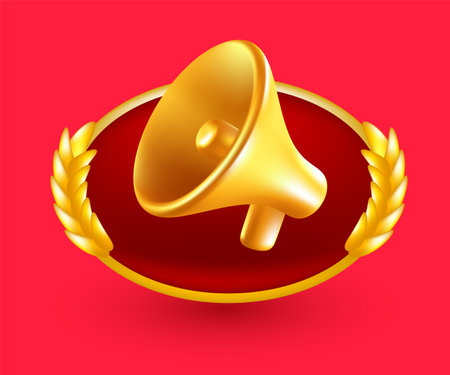 Vector illustration of golden color megaphone with frame on red background. 3d style design of megaphone, marketing symbol for web, site, banner, poster, social mediaのイラスト素材