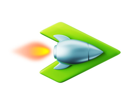 3d illustration of flying arrow spaceship on white color background with flame. 3d render design of business startup rocket symbol for web, site, banner, poster, printの写真素材