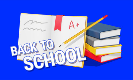 3d illustration of stack of book with open book and pencil on blue color background. 3d design with word back to school for banner, poster, web, printの写真素材