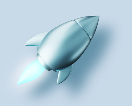 3d illustration of flying silver color space rocket on gray color background with flame and shadow. 3d render design of business startup spaceship for web, site, banner, poster, printの写真素材