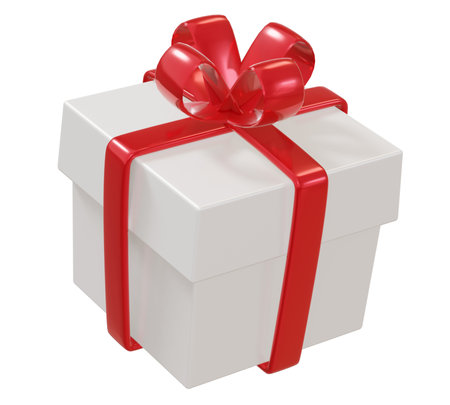 3d illustration of gift box with red color shine bow on white color background. 3d design of surprise box for banner, poster, webの写真素材