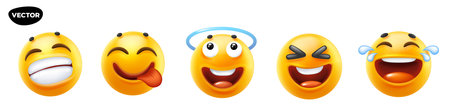 3d vector style design of funny set of emoji with tongue, halo, tear and smile for social media. Vector cool collection of illustration of happy fun yellow color emoticon with different emotion on white backgroundのイラスト素材