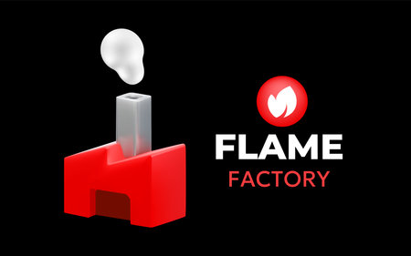 Vector business illustration of red abstract factory with chimney and smoke on black color background. 3d style design of flame factory logotype for web, site, banner, posterのイラスト素材