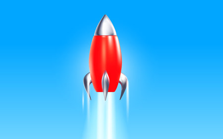 Vector illustration of taking off red space ship with flame on blue color background. 3d style design of business startup symbol for web, site, banner, posterのイラスト素材