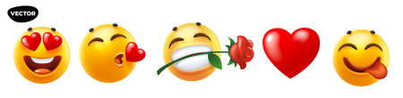 3d love vector style design of funny set of emoji with heart, flower and smile for social media. Vector cool collection of illustration of happy fun yellow color emoticon with different emotion on white backgroundのイラスト素材