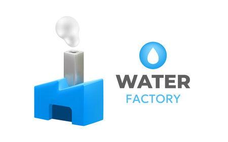 Vector business illustration of blue abstract factory with chimney and smoke on white color background. 3d style design of water factory logotype for web, site, banner, posterのイラスト素材