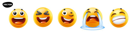 3d vector style design of funny set of emoji with tongue, sad tear and laugh smile for social media. Vector cool collection of illustration of happy fun yellow color emoticon with different emotion on white backgroundのイラスト素材