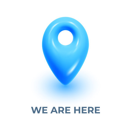 Vector illustration of blue geo location symbol with shadow and text on white color background. 3d style design of geo location sign for web, site, navigation banner, posterのイラスト素材