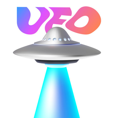 Vector illustration of silver color flying saucer with blue glow light and word ufo on white background. 3d style design of ufo with lighting and text for web, site, banner, posterのイラスト素材