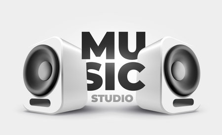 Vector music illustration of white and black color music speakers on white background. 3d style design of speakers with word for banner, web, site, posterのイラスト素材