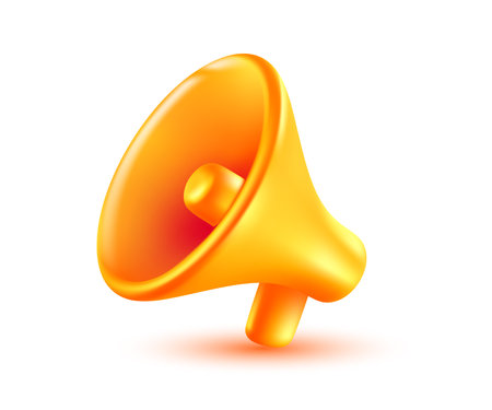 Vector illustration of golden color megaphone with shadow on white background. 3d style design of yellow megaphone, marketing symbol for web, site, banner, poster, social mediaのイラスト素材