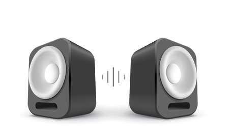 Vector music illustration of black color speakers with shadow and sound sign on white background. 3d style design of music speakers for banner, web, site, posterのイラスト素材
