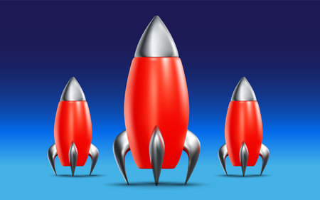 Vector illustration of group of red and gray metallic space ship with shadow on blue color background. 3d style design of business startup symbol for web, site, banner, posterのイラスト素材