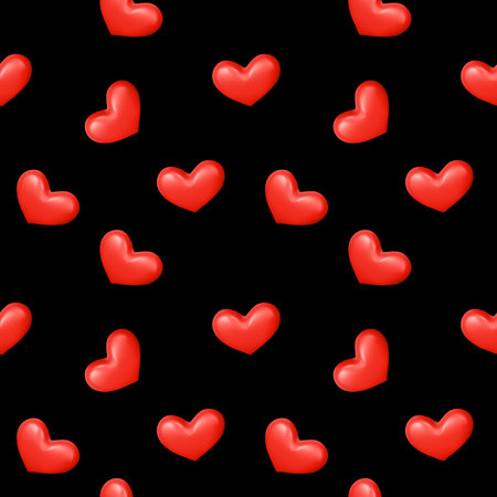Vector romantic seamless pattern with red heart on black background. 3d style love design with red heart for web, site, valentine day card, banner, posterのイラスト素材