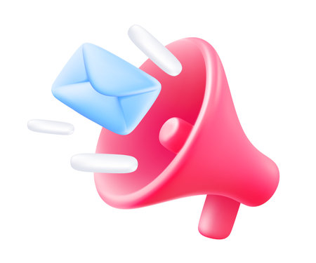 Vector illustration of pink color megaphone with envelope on white background. 3d style design of communication megaphone, marketing symbol for web, site, banner, poster, social mediaのイラスト素材