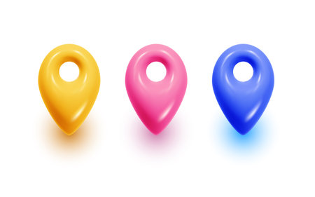 Vector set of illustration of different color geo location symbol with shadow on white background. 3d style design of geo location sign for web, site, navigation banner, posterのイラスト素材