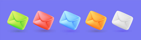 Vector set of illustration of closed different color envelope with shadow on color background. 3d style design of envelope, business email or letter for web, site, banner, posterのイラスト素材