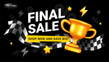 Vector black friday sale illustration with text and golden winner cup on dark color background. 3d style sale design with word black friday and race finish ribbon for web, site, banner, posterのイラスト素材