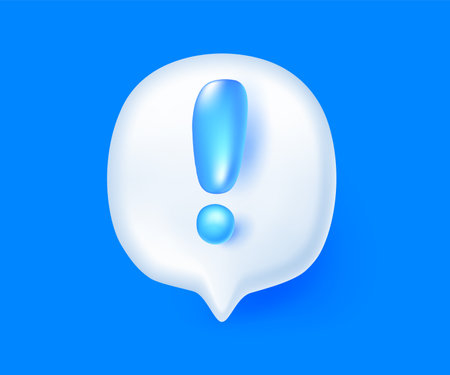 Vector illustration of blue and white color speech bubble with exclamation point on blue background. 3d style design of notification symbol for web, site, banner, poster, social mediaのイラスト素材