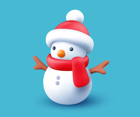 Vector christmas illustration of snowman with red hat and scarf on color background. 3d style holiday design of decorative winter snowman for web, site, banner, greeting cardのイラスト素材