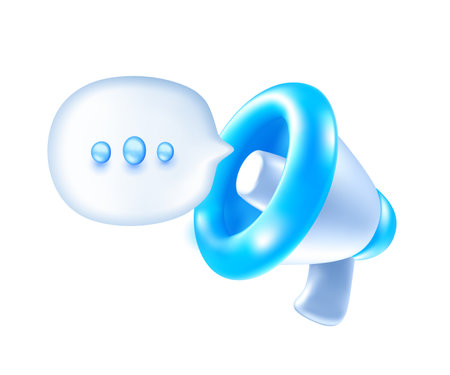 Vector illustration of blue and white color megaphone with speech bubble on white background. 3d style design of megaphone. Marketing symbol for web, site, banner, poster, social mediaのイラスト素材