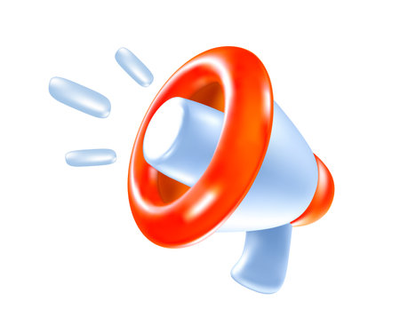 Vector illustration of red and white color megaphone on white background. 3d style design of megaphone. Marketing symbol for web, site, banner, poster, social mediaのイラスト素材