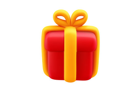 Vector illustration of realistic red color gift box with yellow ribbon, front view. 3d style holiday design of present box isolated on white background. Festive gift surprise for web, site, banner, greeting cardのイラスト素材