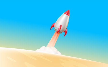 Vector illustration of business startup symbol on blue sky color background. 3d style design of taking off space ship with flame and cloud smoke for web, site, banner, posterのイラスト素材