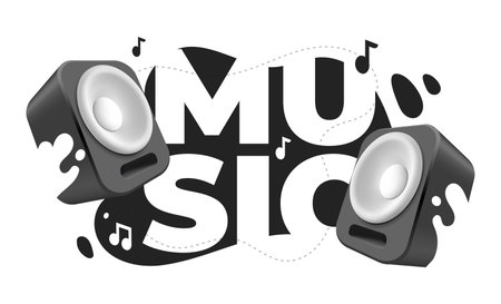 Vector illustration of white and black color music speakers on white background. 3d style design of speakers with word music for banner, web, site, posterのイラスト素材