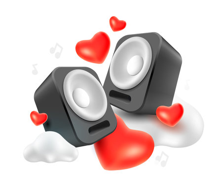 Vector music illustration of white and black color music speakers with cloud and red heart on white background. 3d style design of speakers, love to music concept for banner, web, site, posterのイラスト素材